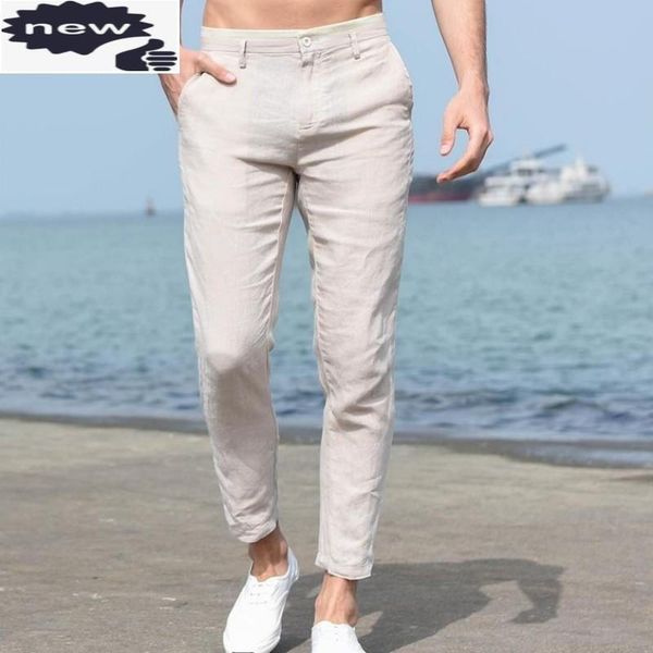 

summer mens business casual fashion solid color simple linen slim fit straight ankle-length pants men harajuku sweatpants men's, Black