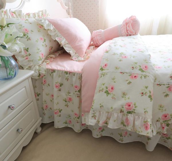 

bedding sets vintage pink floral ruffled duvet cover set 100%cotton twin  king size girls bedskirt pillow shams