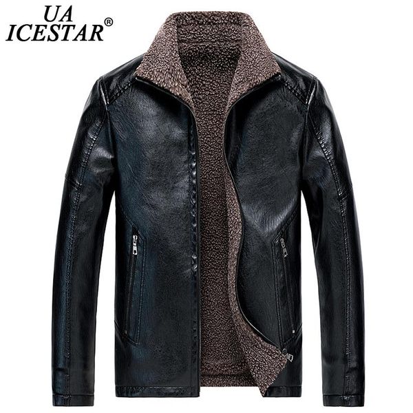 

men's fur & faux uaicestar brand winter leather jacket men coat casual large size 8xl thicken warm fleece long jackets, Black