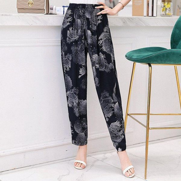 

women's pants & capris classic printed casual trousers for women loose high waist elastic harem female summer wide leg plus size 5xl, Black;white