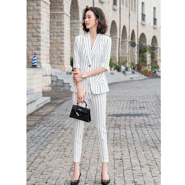 

women's two piece pants white striped slim blazer summer set for women korean fashion black oversize jacket business suit office clothe