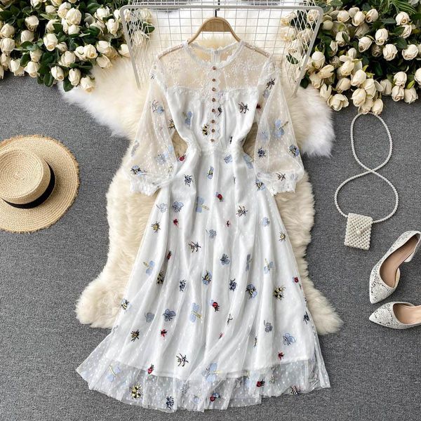 

casual dresses luxury mesh embroidery vintage dress runway designer long sleeveo-neck holiday prom office ladies slim a-line white, Black;gray