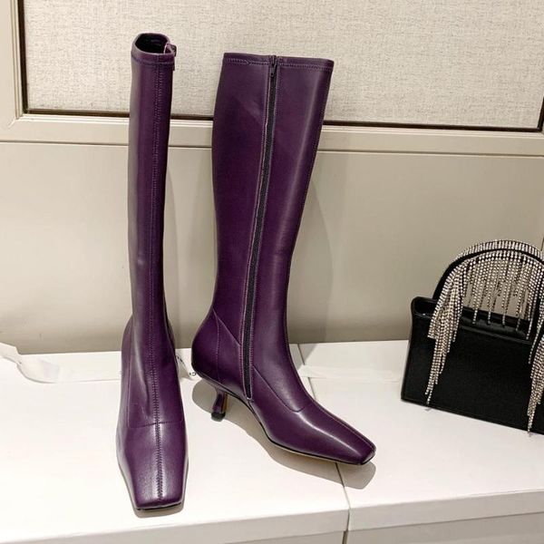 

women boots 2021 genuine leather fashion square toe slip on high riding knight designer, Black