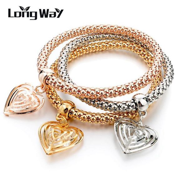 

charm bracelets longway vintage heart pendants crystal bangles love brand elastic gold color chain women sbr150371, Golden;silver
