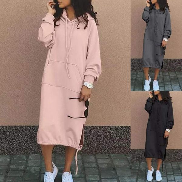 

casual dresses women solid color drawstring hooded sweatshirt autumn winter streetwear, Black;gray