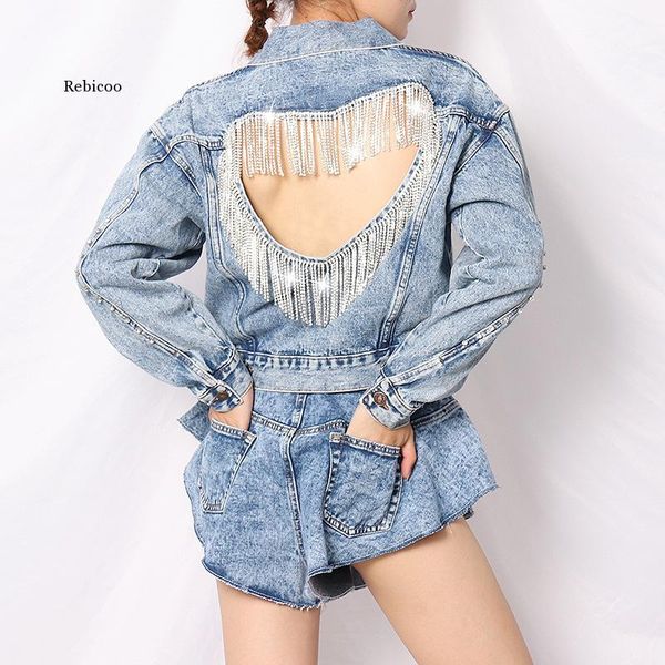 

women's jackets denim jacket female light blue diamond tassel coat single-breasted open back women jeans autumn fashion clothing, Black;brown