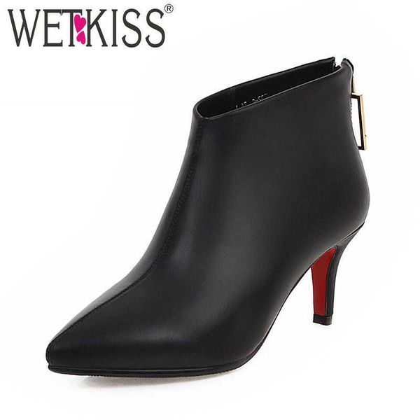 

wetkiss high heels thin ankle boots women pu booties female thick plush party shoes ladies pointed toe zip shoes winter 210630, Black
