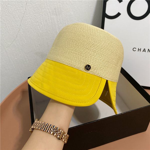 

summer women's color contrast splicing bucket hat simple standard basin travel beach cover face sunscreen straw hat, Yellow