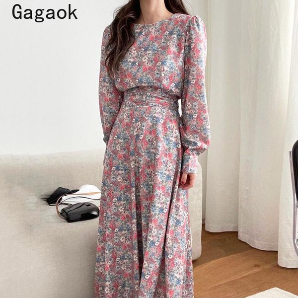 

casual dresses gagaok vintage elegant dress women 2021 spring autumn mid-calf a-line floral print party korean chic wild vestidos, Black;gray