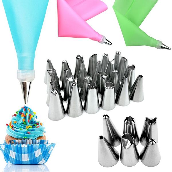 

baking & pastry tools 8/26pcs silicone reusable bags tips kitchen cake icing piping nozzle cream decorating tool