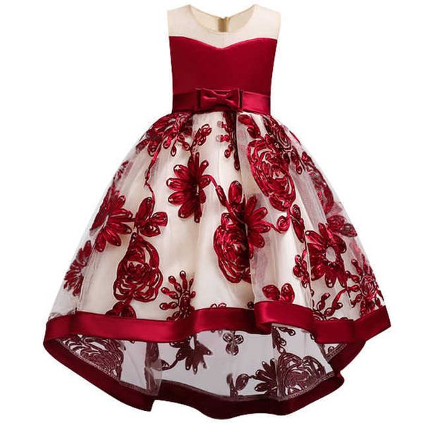 Roupas de meninas de bebê moda vermelho vinho bordado flor menina vestido de casamento arrastar o chão vestido novo vestido de princesa q0716