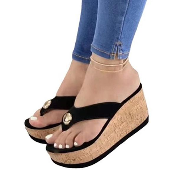 

sandals women 2021 summer cork sole platform shoes ladies slipper indoor outdoor flip-flops, Black