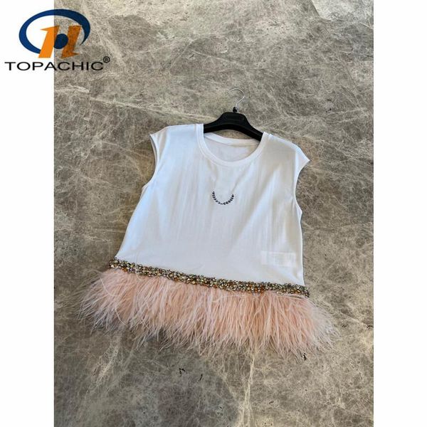 

women's two piece pants 3.10 high end spring summer heavy industry beading hem feathers tee or print set women, White