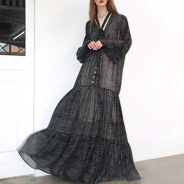 

casual dresses autumn dress 2021 vonda v neck long sleeve button down ruffle shirt see through polka dot printed vestidos, Black;gray