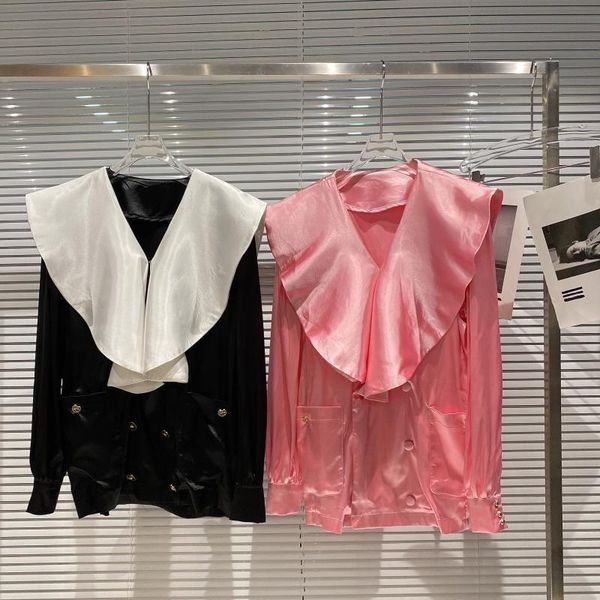 

women's jackets ruffle neck double pocket thin jacket women 2021 autumn small fragrance mercerized cotton long sleeve short coat, Black;brown