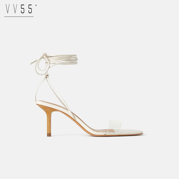 

the same women shoes 2021 summer nude color wooden high-heeled plastic sandals lace-up stiletto, Black