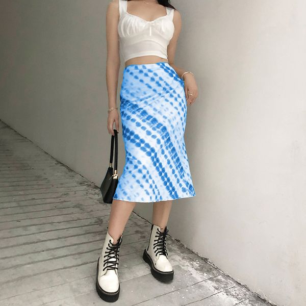 

women summer skirts high waist die dye printed knee length female skirts straight hips chiffon 210524, Black