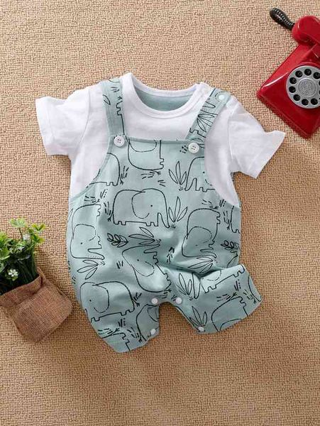 

yierying baby elephant cartoon print 2 in 1 romper she, Blue