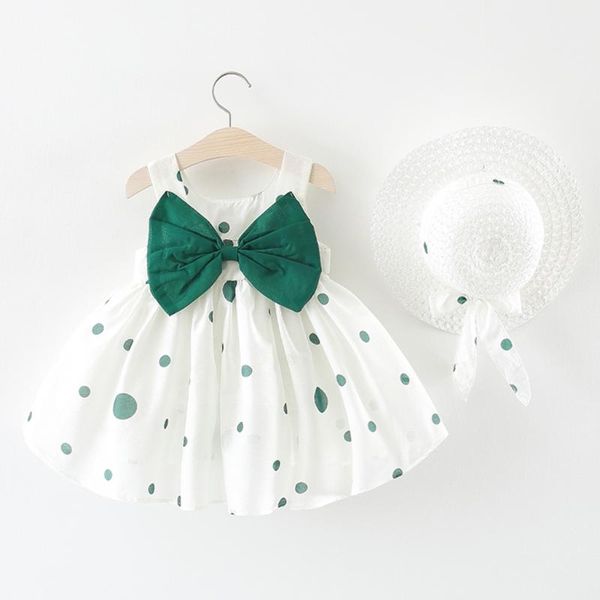 

front big bow polka dot dress with hat girl's dresses, Red;yellow