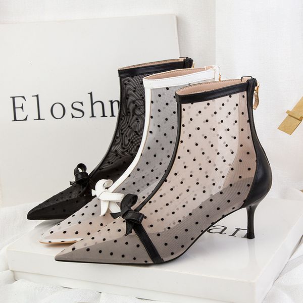 

183-5 korean version sweet perspective dot mh hollow high heel's sho thin heel pointed boots, Black
