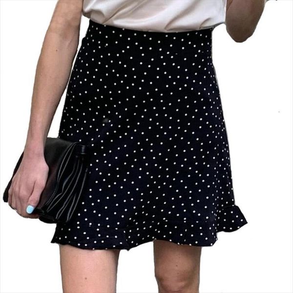 

summer polka dot mini women skirt a line ruffles faldas streetwear, Black