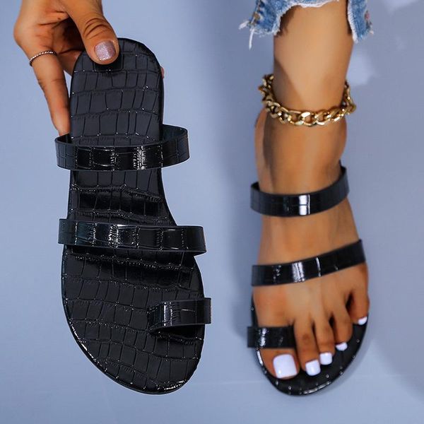 

slippers 2021 women ins flip flop patent leather female summer casual solid simplicity slides ladies fashion flat plus szie, Black