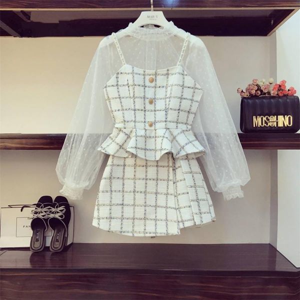 

women's tracksuits women fashion tweed 3 piece sets see through mesh + beading sling plaid vest high waist chic shorts set 3pc out, Gray