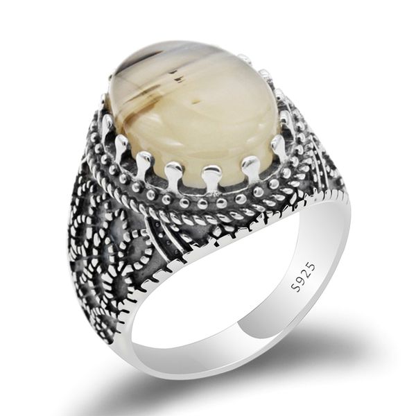Anel de ágata natural para homens Pure 925 Sterling prata vintage punk macho mulheres anéis turkish handmade jóias presente atacado