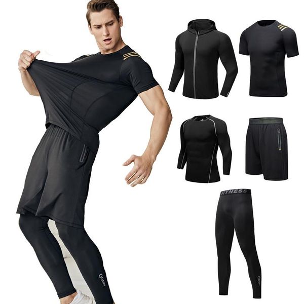 

running sets 5 pcs/set men's tracksuit gym fitness compression sports suit clothes jogging sport wear exercise workout tights, Black;blue