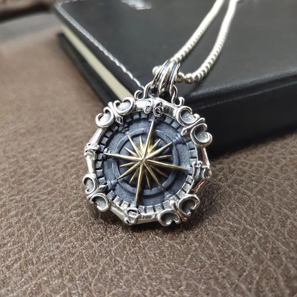 

pendant necklaces vintage punk viking compass necklace for men metal nordic amulet jewelry, Silver