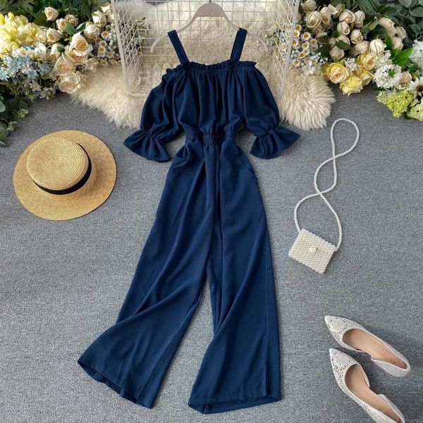 

women's jumpsuits & rompers 2021 spring korea fashion women casual loose solid color off shoulder short-sleeved sling wide leg jumpsuit, Black;white