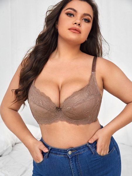 

plus contrast lace underwire bra 38z6#, Black;white