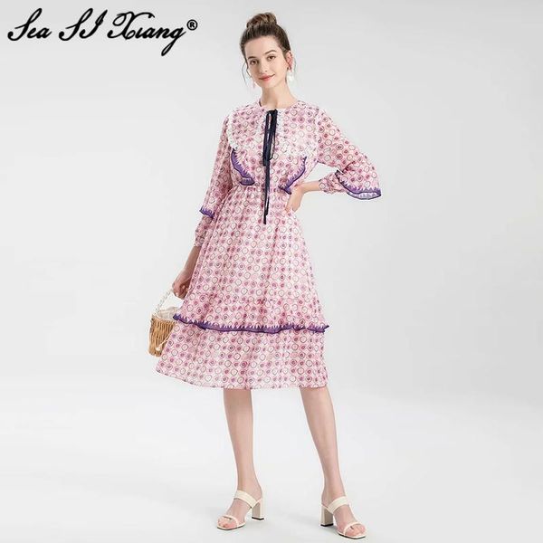 

casual dresses seasixiang fashion designer early autumn dress women o-neck lantern sleeve floral print ruffles vintage, Black;gray