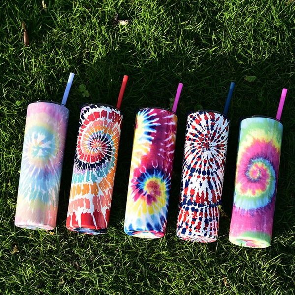 

mugs water bottle portable tie-dye print stainless steel cup with straw for women men