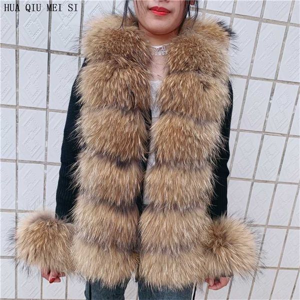 

fur cardigan real coat natural knitted sweaters s racoon vest women 211124, Black