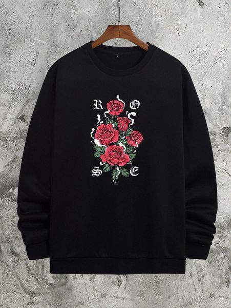 

men floral and letter graphic thermal lined sweatshirt w5ea#, Black