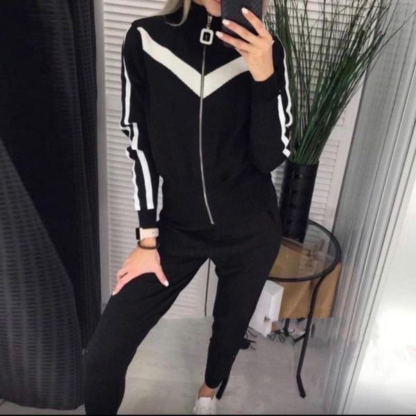 

gym clothing sports set tracksuit women loose long sleeve zipper sweater pullover sweatshirt and elastic pants joggers sportswear, White;black