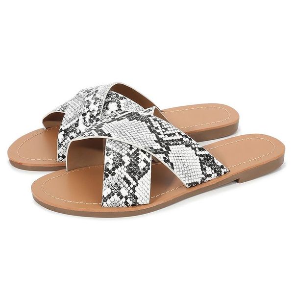 

slippers 2021 women shoes europe and the united states snake pattern word type sandals large size flat bottom, Black