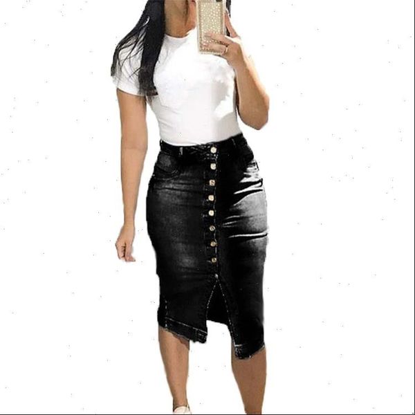 

women skirt summer knee length denim skirts slim bodycon button jeans faldas largas mujer drop, Black