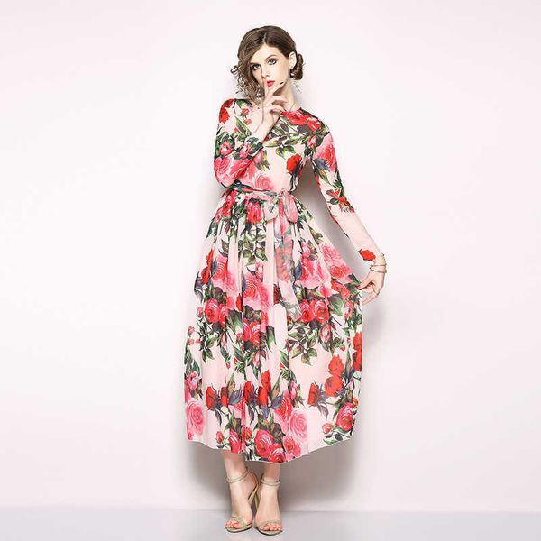 Verão Moda Runway Maxi Vestidos Mulheres Manga Longa Floral Impressão Boho Férias Casuais Vestido Parque Casual 210529