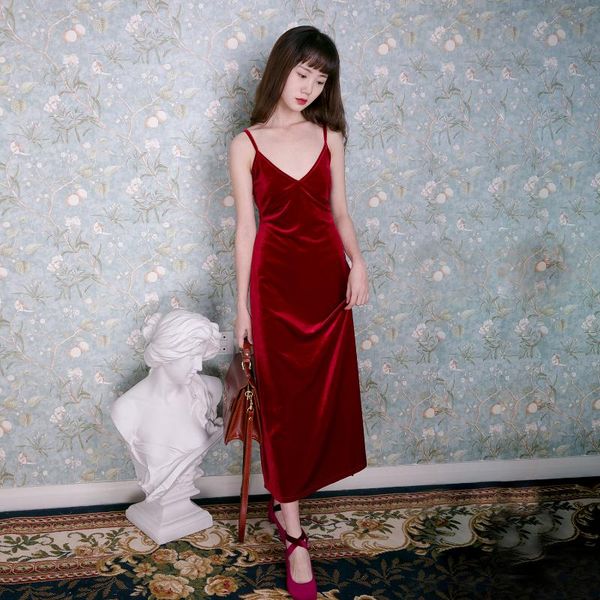 

casual dresses lynette's chinoiserie autumn arrival women v-neck slim velvet suspender dress, Black;gray