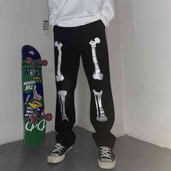 

men's pants trousers wear reflective skull 3-m, male and female, high street harajuku, casual, loose pants, large-size jeans c8la, Black