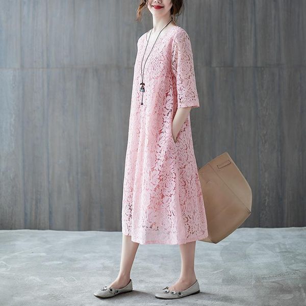 

casual dresses real s spring and summer women's clothing wear lace round neck dress outside the waist thin sleeves large size long, Black;gray