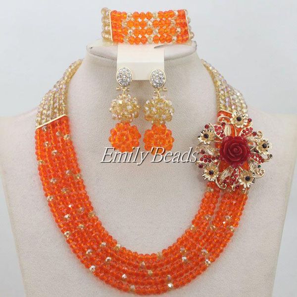 

earrings & necklace fashionable african jewelry set orange 5 rows costume nigerian wedding crystal beads 2021 aij299, Silver