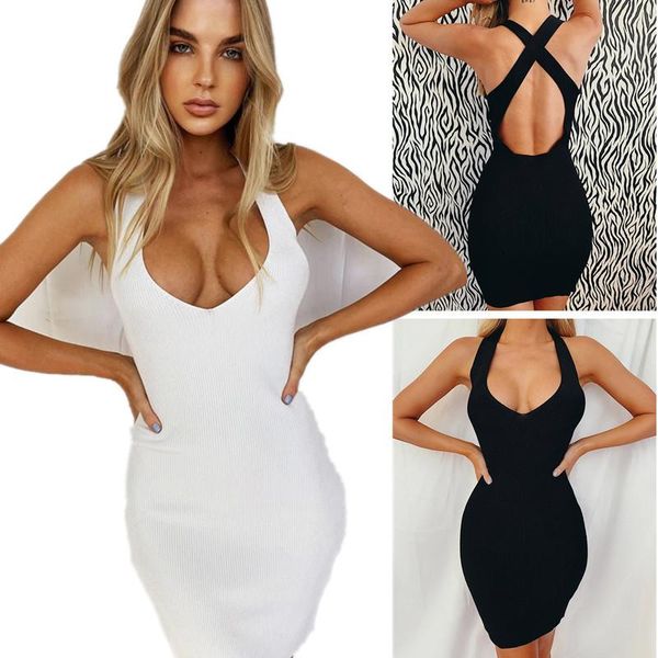 

summer women bodycon dress sling sleeveless low cut cross backless white mini femme party club dresses vestidos casual, Black;gray