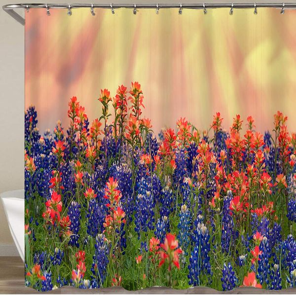 

shower curtain,texas bluebonnets and indian paintbrush wildflowers blooming on the meadow in spring,waterproof bath curtains