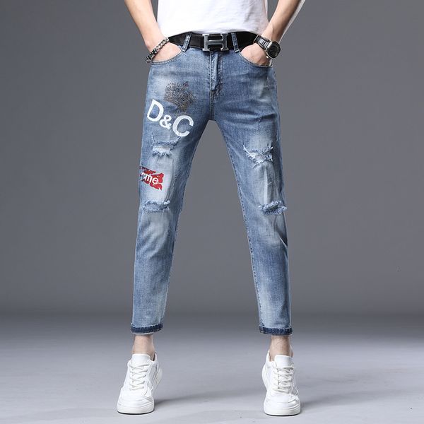 

mens wear trend of 9-point jeans with holes casual korean mens slim fit and small feet pants for men, Blue