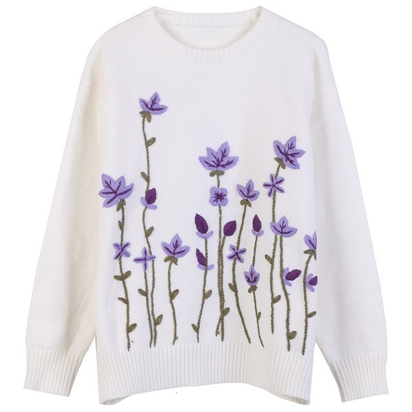 

knits oversized women white pullovers autumn winter round neck flower embroidery knitted pullover sweater jumpers