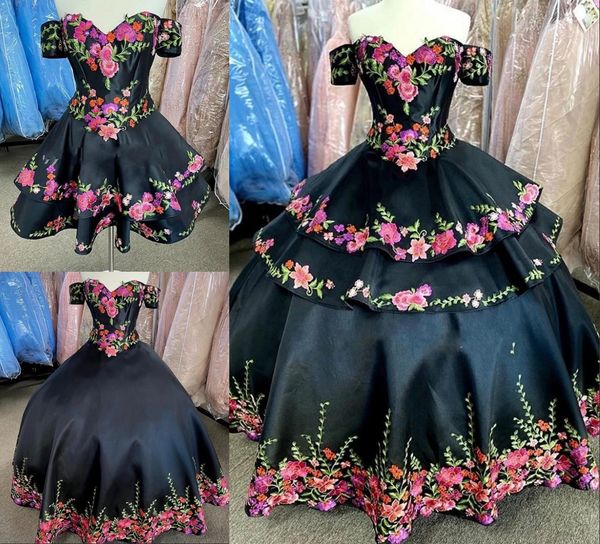 

black detachable skirt 2 in 1 ball gown quinceanera dresses 2022 two pieces off shoulder 3d floral flowers long vestido de sweet 15 prom eve, Blue;red