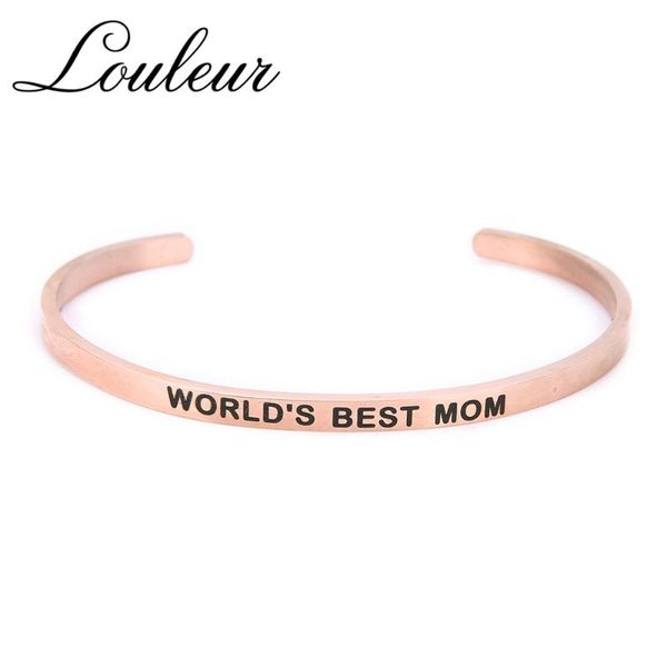 

louleur 2021 rose gold stainless steel bangle fashion carved word's mom cuff bangles bracelets for mother's day gifts, Black